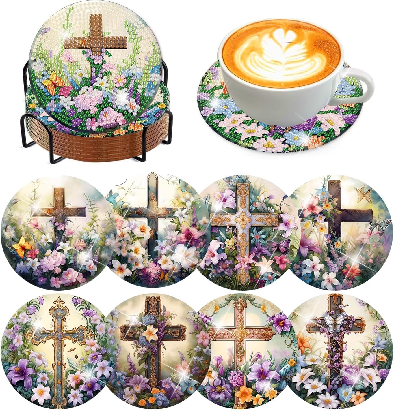 8 Pcs Diamond Art Coasters Kits for Adults - 8 4x4in, Cross
