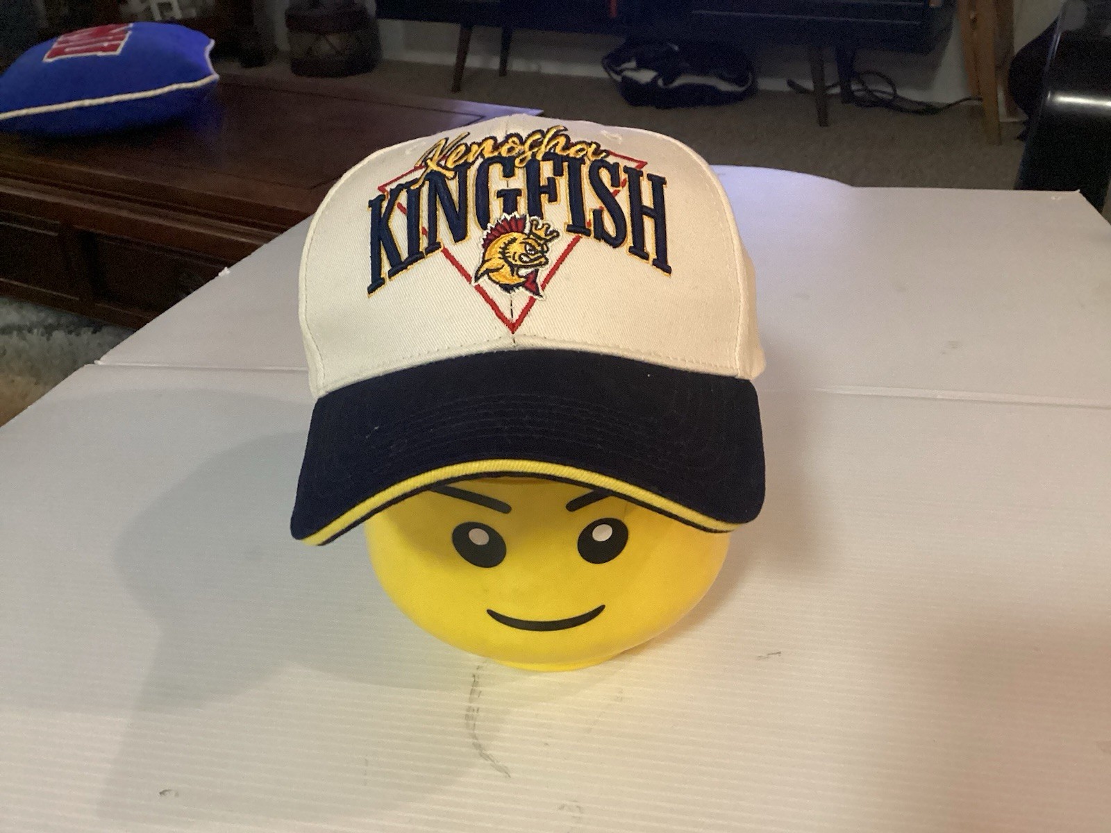 Kenosha Kingfish White w Blue Bill SPELL OUT w LOGO Snapback Baseball Hat - Cool