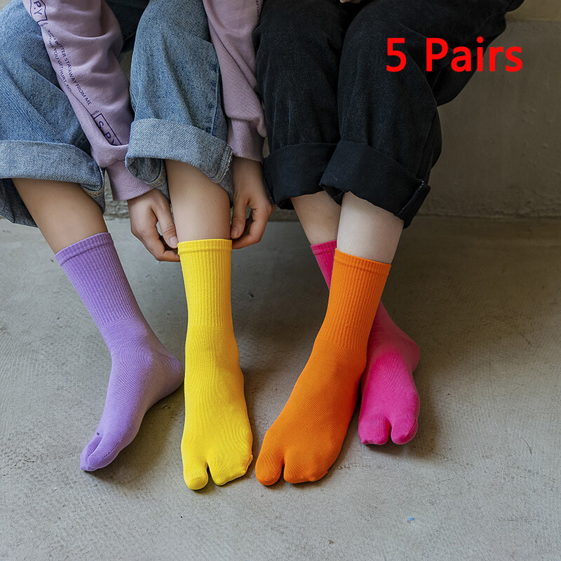 5Pair Women's Split Toe Socks Japanese Kimono Flip Flop Two Fingers Tabi Solid ✔