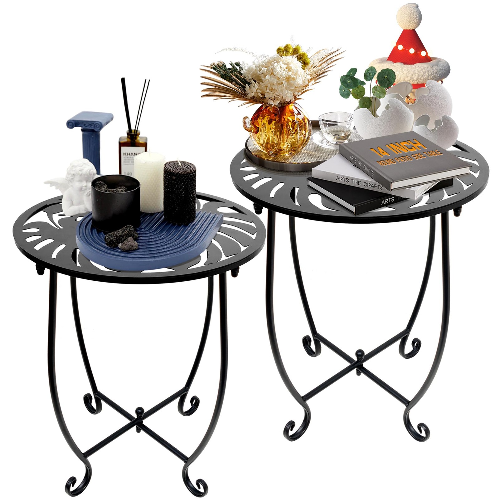Outdoor Side Table for Small Spaces, 2 Pack 14 Inch round Metal End Table for Pa