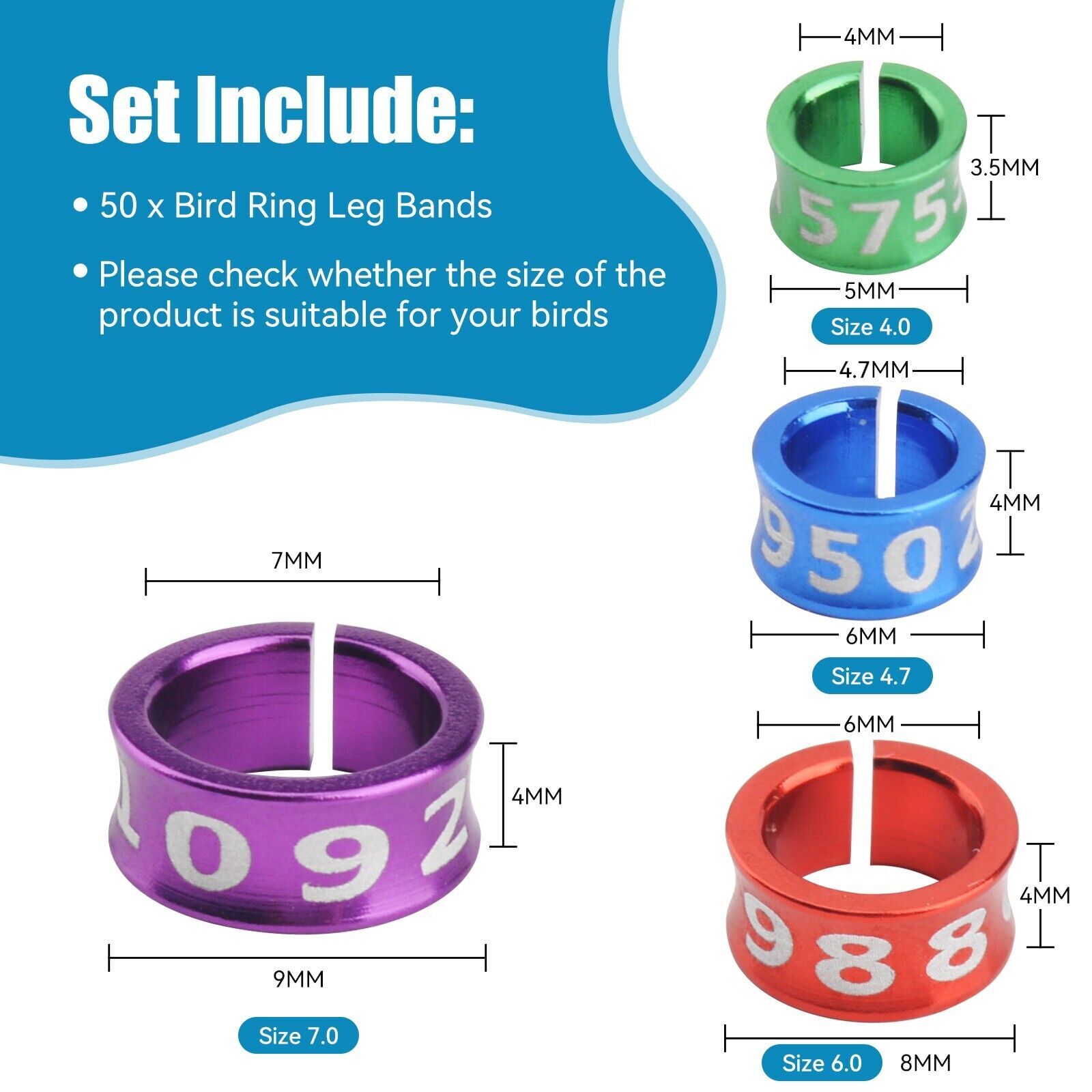 50 Pcs Open Split Aluminum Bird Anklet for Birds Identification Training Ring