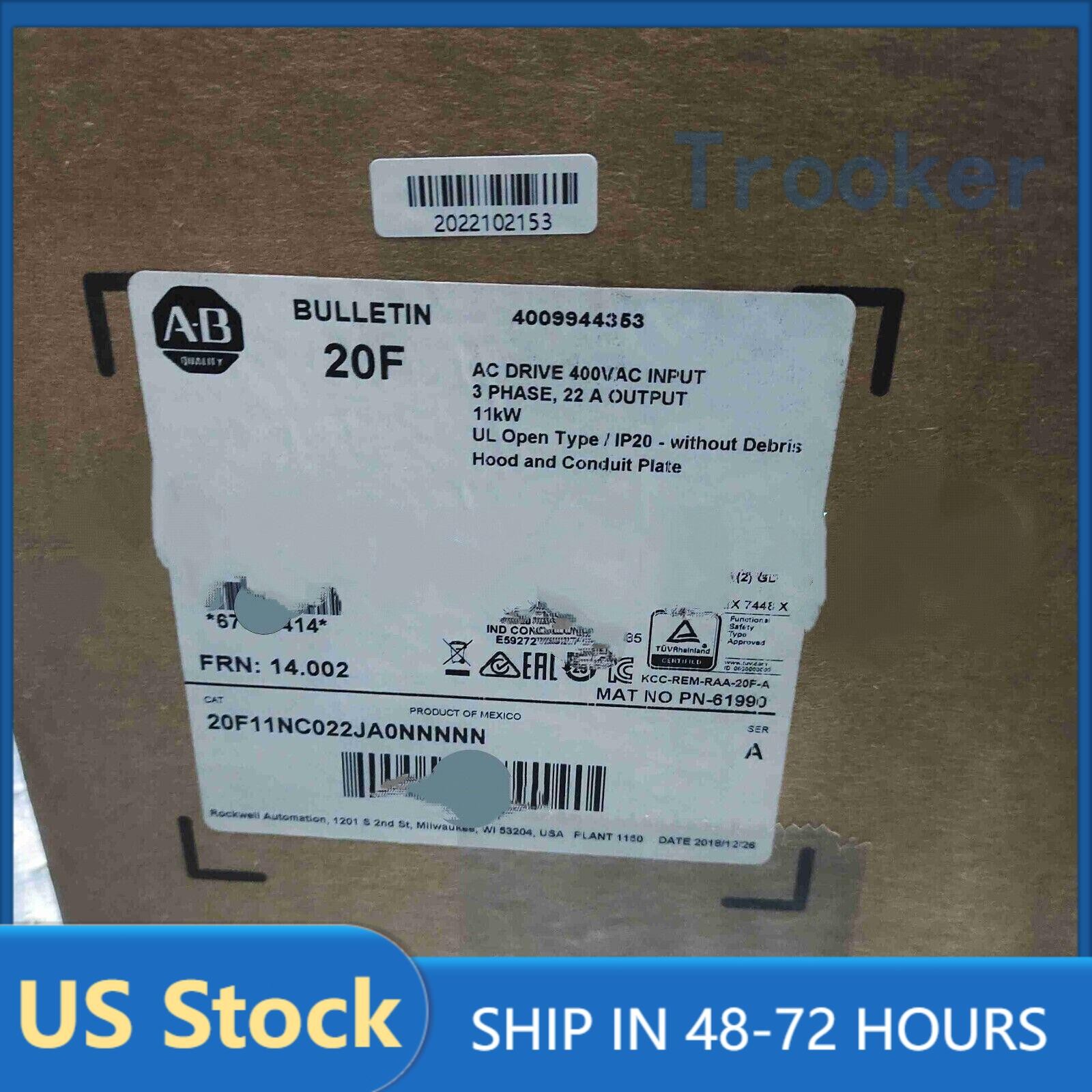 New AB 20F11NC022JA0NNNNN PowerFlex Air Cooled 753 AC Drive US Free Tax