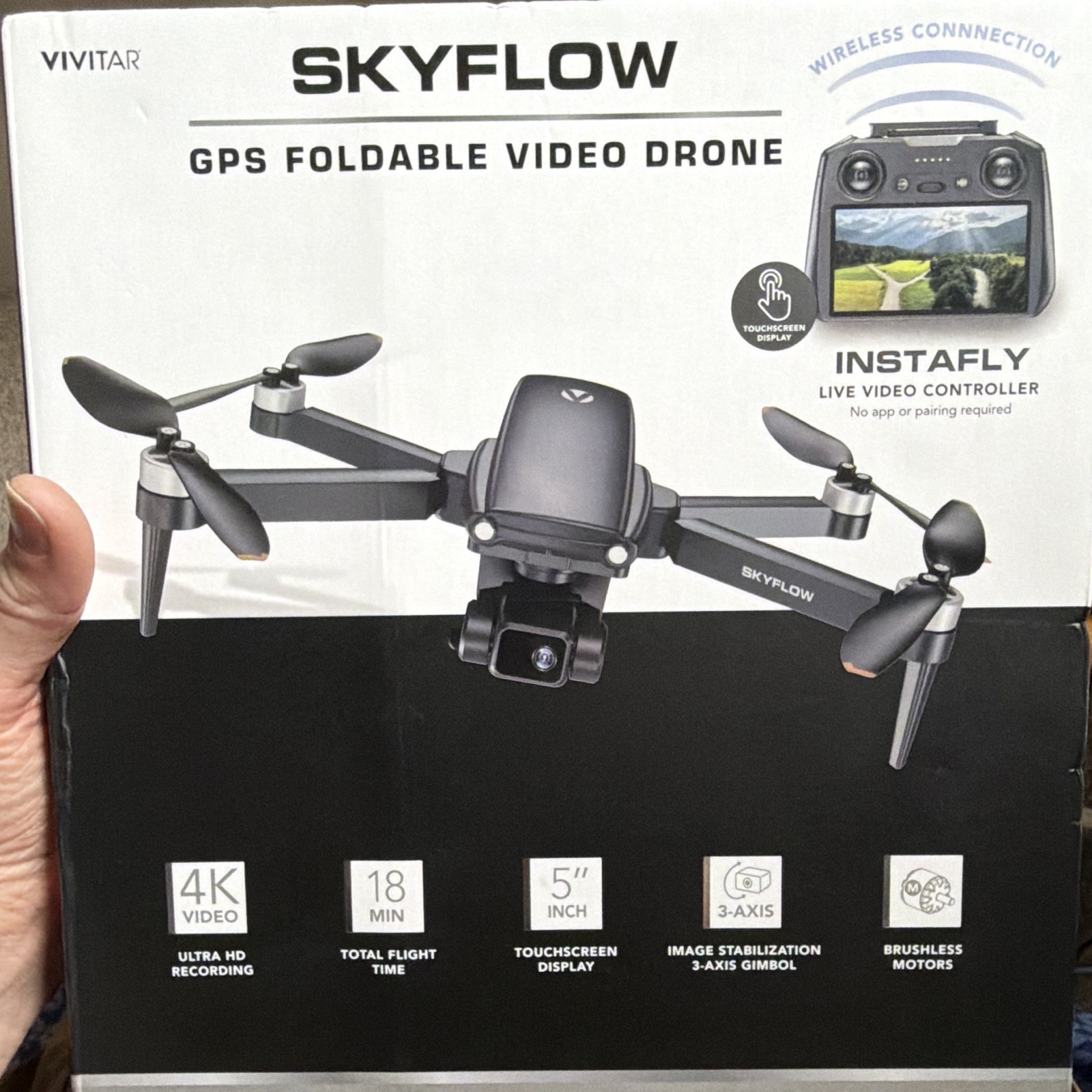 Vivitar SkyFlow GPS Foldable 4K Drone, 18 Min, 3-Axis Gimbal, 5" Touchscreen bra