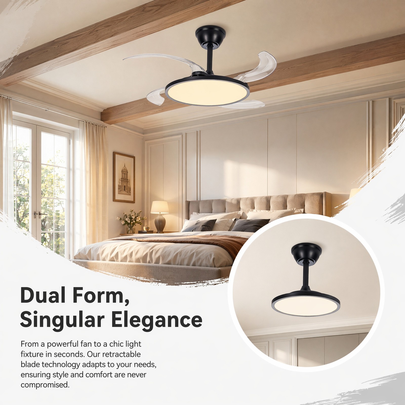 42 inch Black Low Profile Retractable LED Ceiling Fan Remote Control with Light