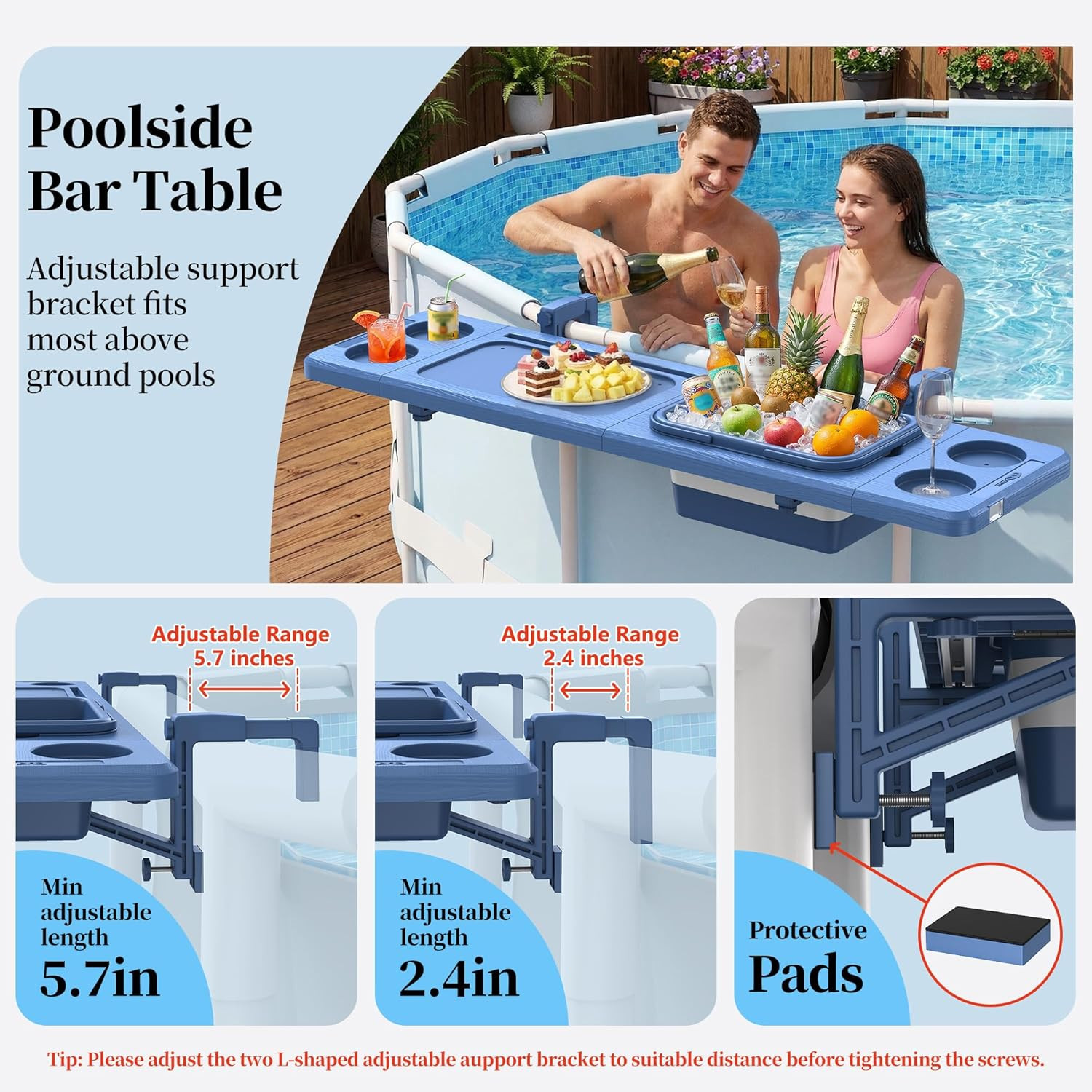 Poolside Bar with Ice Bucket, Poolside Bar Table with Adjustable Support Bracket