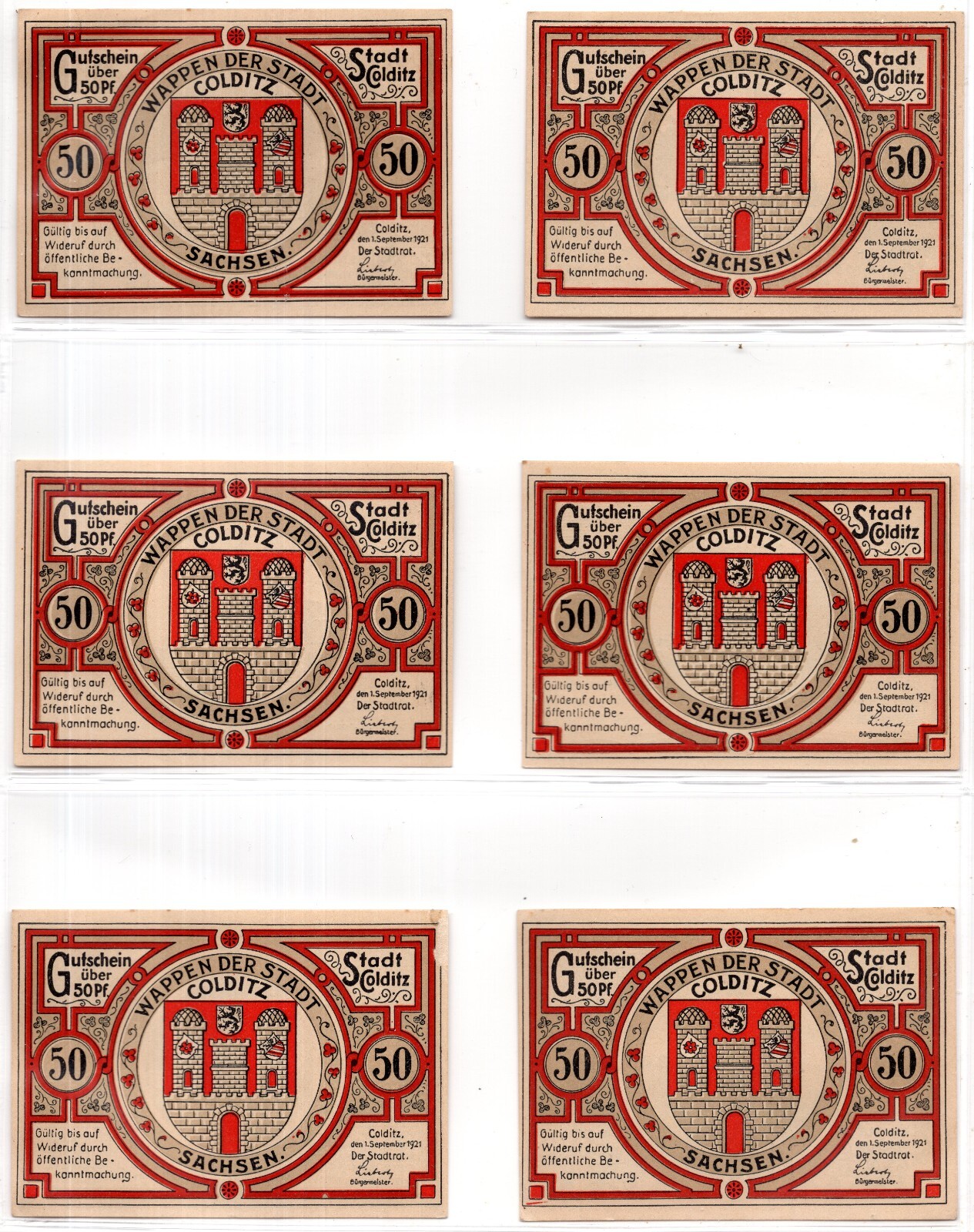 1921 Germany Colditz Notgeld Set of 6 Notes (1012)