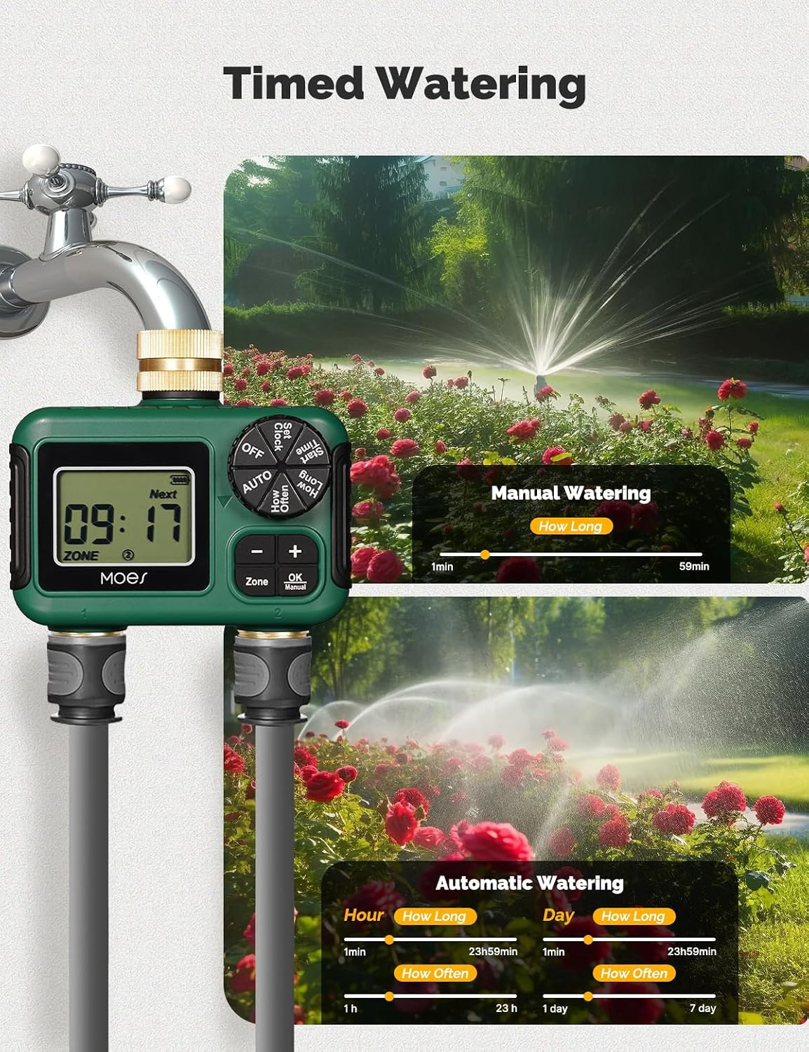 2 Zone Sprinkler Timer for Garden Hose,Brass Inlet &Outlet Water Timer | Program