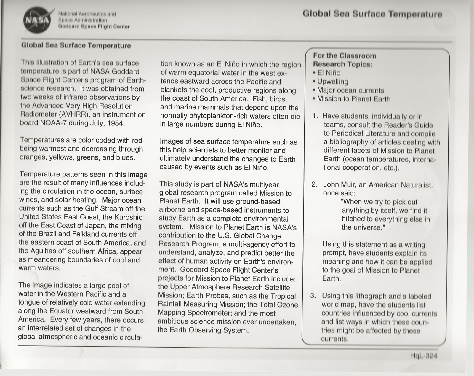 Global Sea Surface Temperature NASA Educational Offset Lithograph Acceptable
