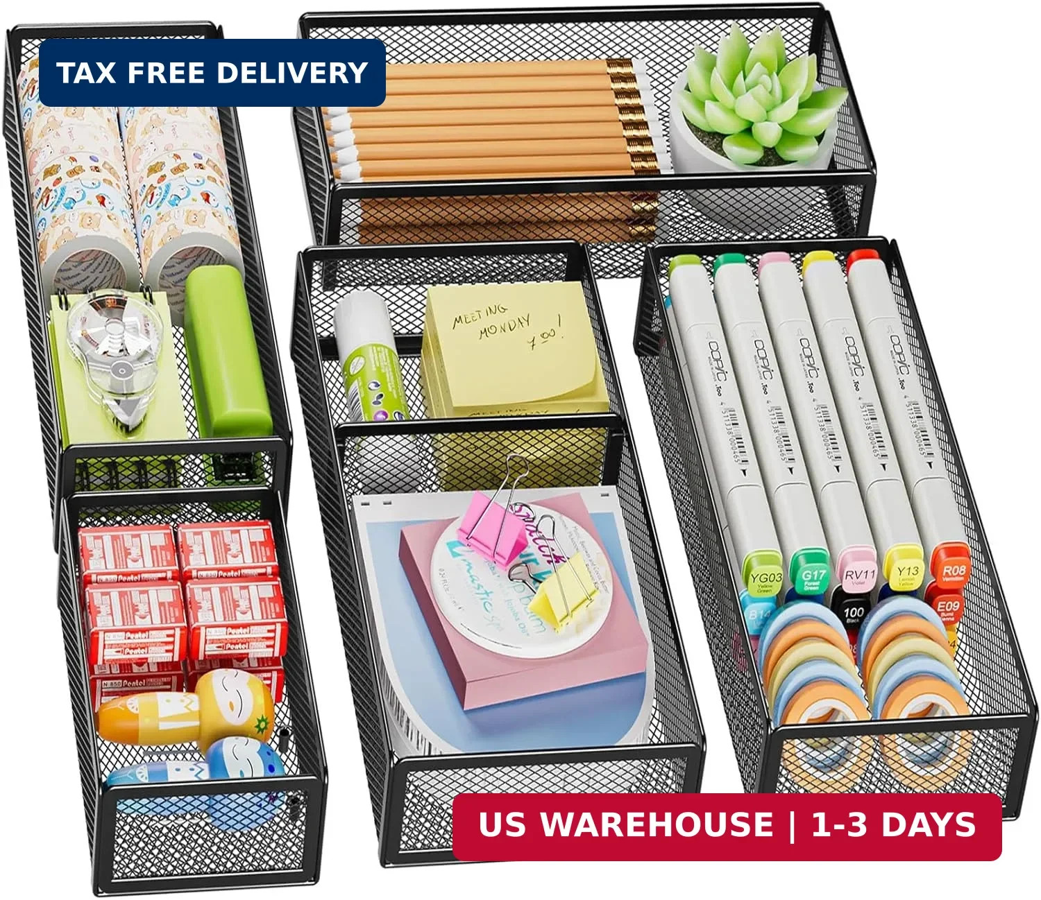 Marbrasse 5 Pack Desk Drawer Organizer Set, Mesh Drawer Storage Trays with 1 Adj