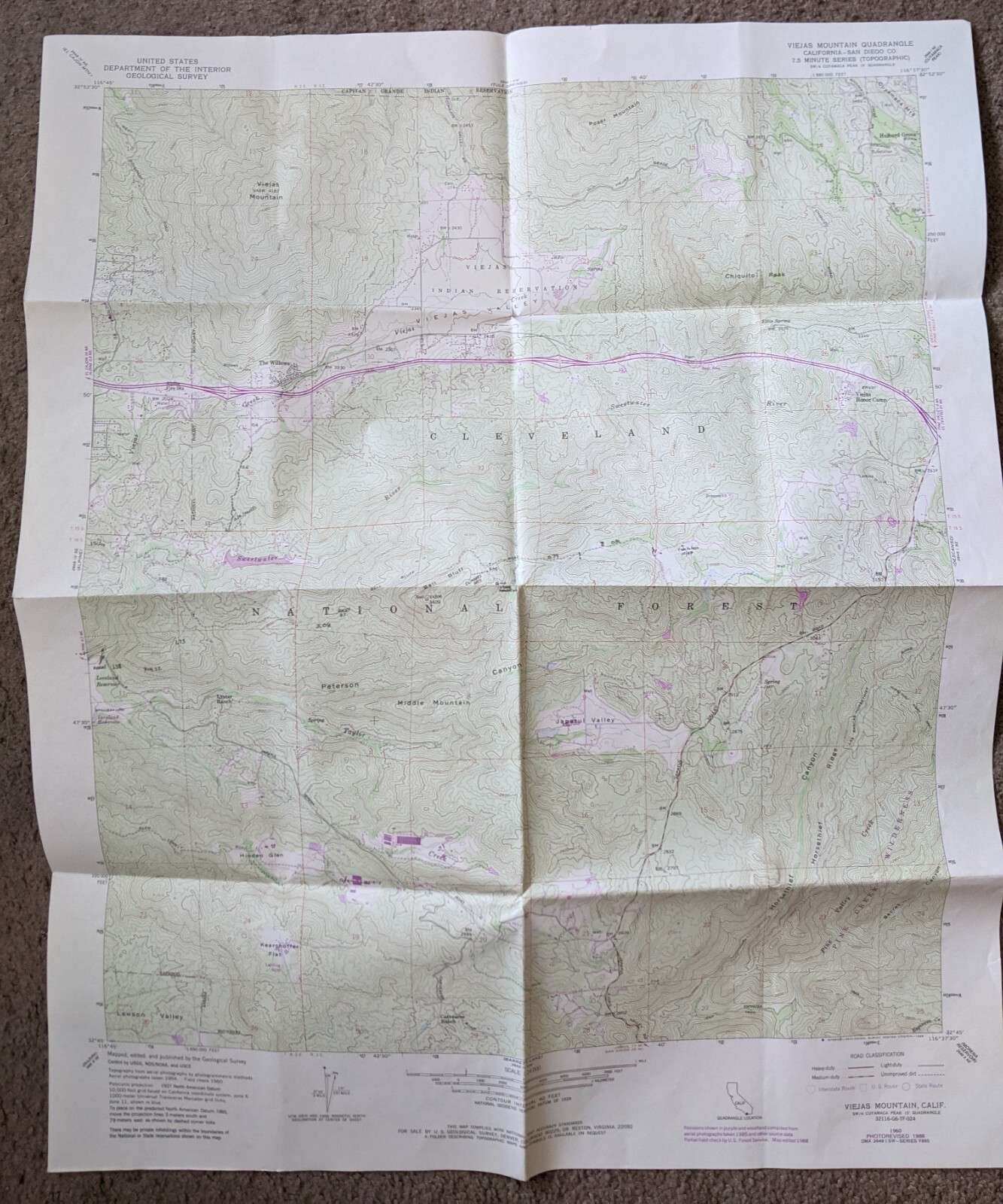 USGS Topo Map 7.5' Quad Viejas Mountain, California 32116-G6-TF-024  1988