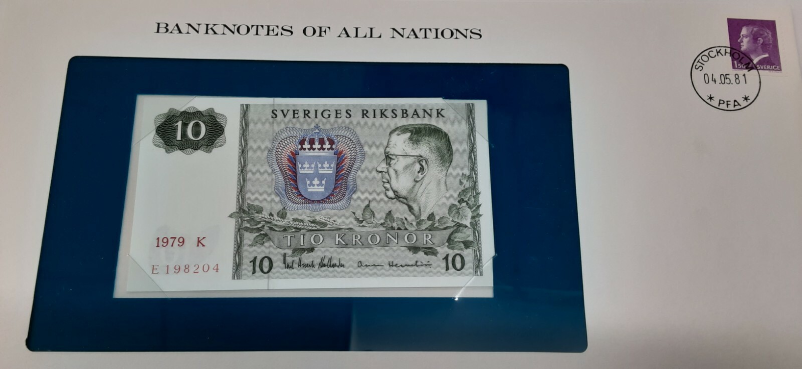 1979 Sweden 10 Kronor Banknote Crisp Uncirculated in Stamped Envelope