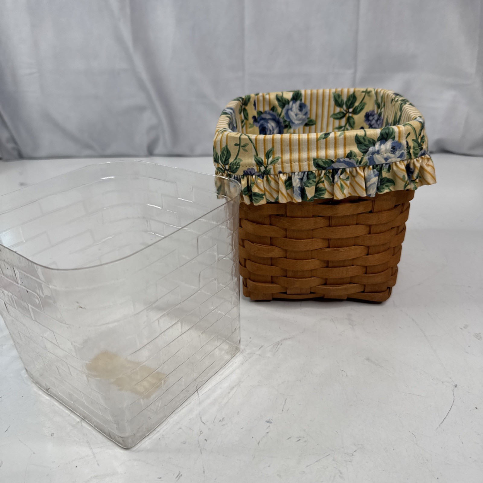Longaberger Basket Small Handwoven With Floral Liner Made in USA 6.5"x6.5"x6"