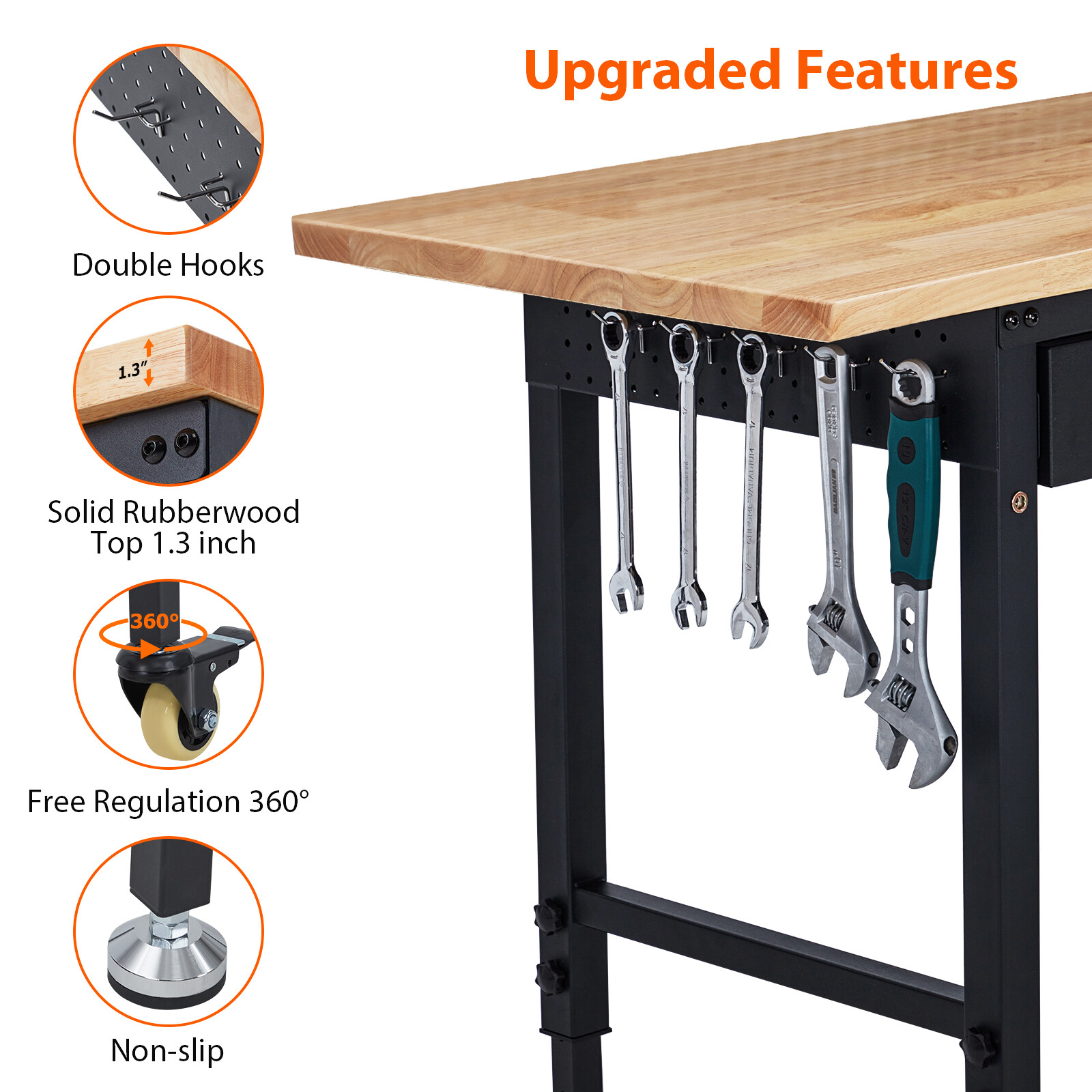60" Adjustable Workbench w/ Drawer & Power Outlet Rubber Wood Top 2000LBS Load