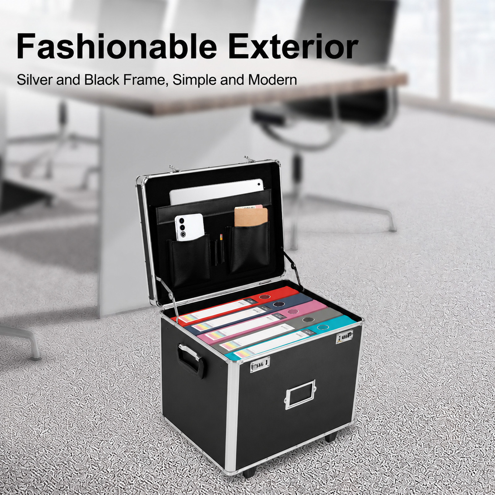Aluminum Alloy File Lock Box, Hand pull File Case Locking Mobile Business Box