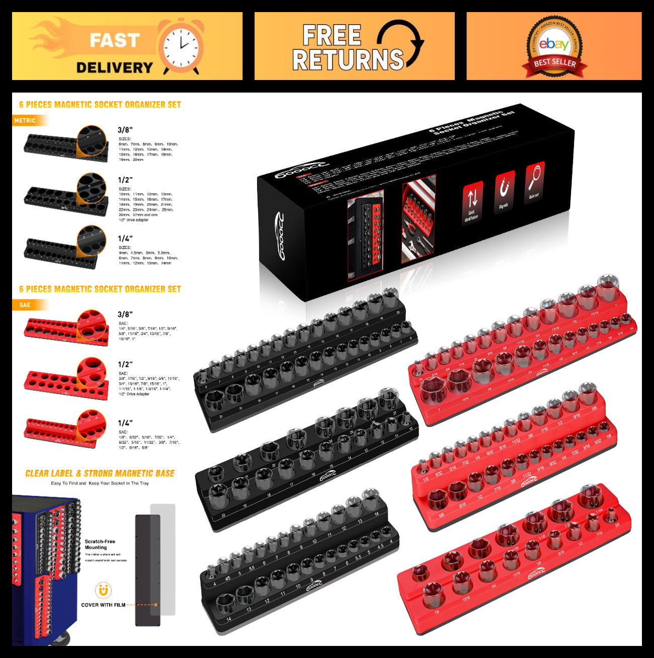 Magnetic Socket Organizer Set - 6-Piece Holder for 1/2", 1/4", 3/8" Drive, Tool