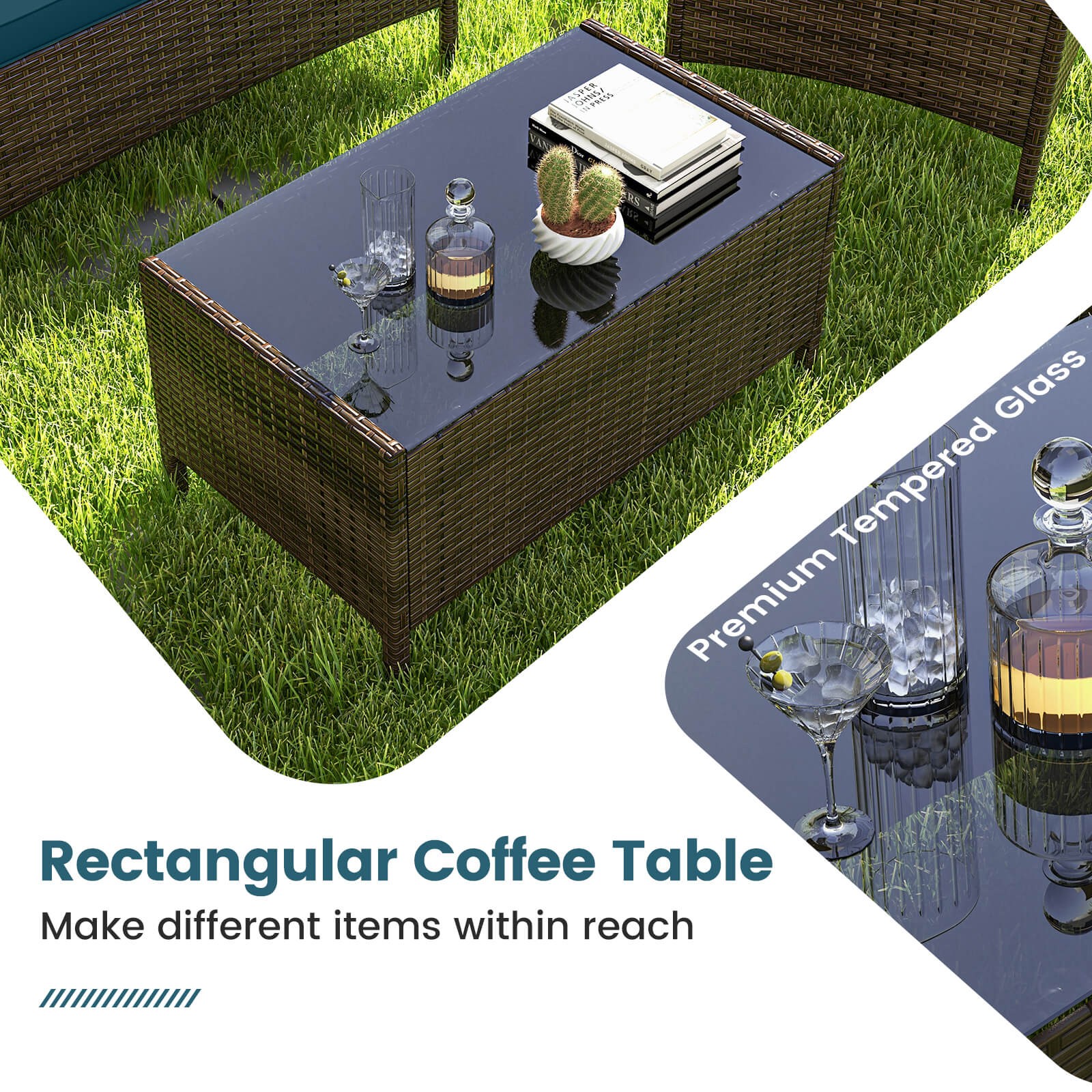 8 PCS Patio Furniture Set w/Washable Cushions and Tempered Glass Coffee Table
