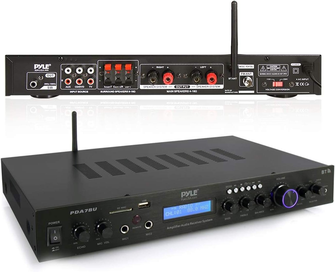 Pyle 5 Channel Wireless Bluetooth Power Amplifier 200W Stereo Speaker Receiver