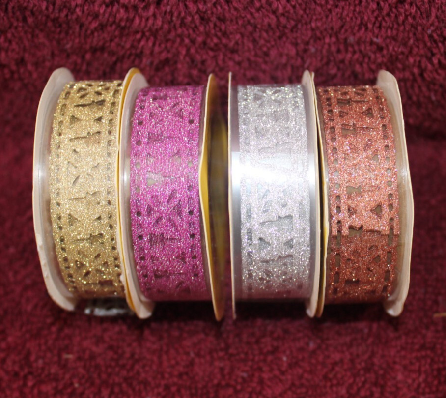 4 Rolls Glitter Lace Tape - Gold used, Bronze used, Silver new, Lavender new