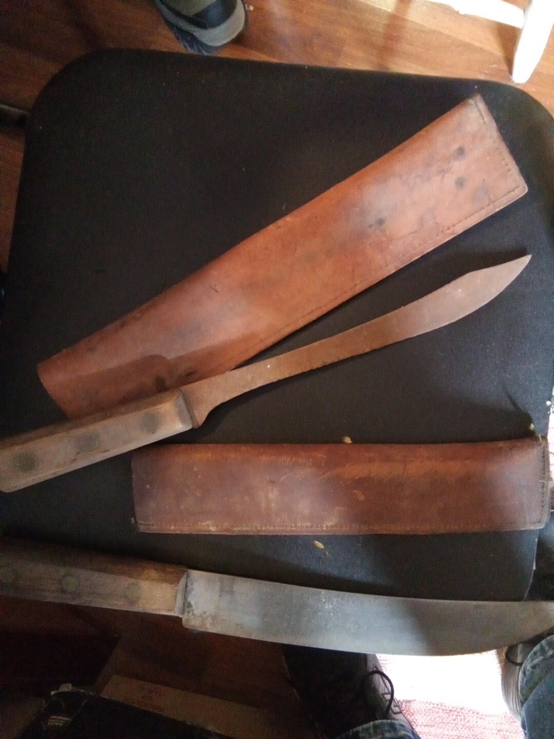 2-VINTAGE  KNIves  STEEL BLADE 10in. LONG FULL TANG ,with Leather