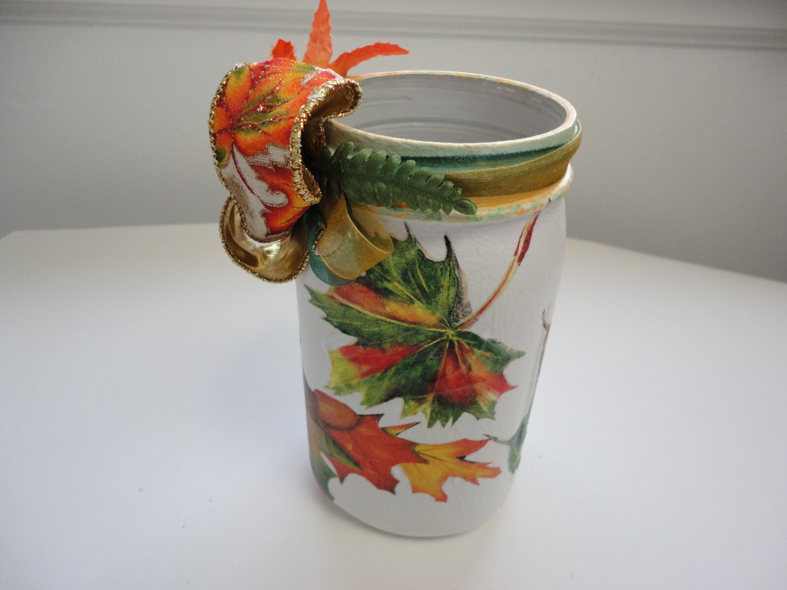 Decoupage Quart Mason Jar, Autumn Leaves or Harvest TIme ( Handmade)