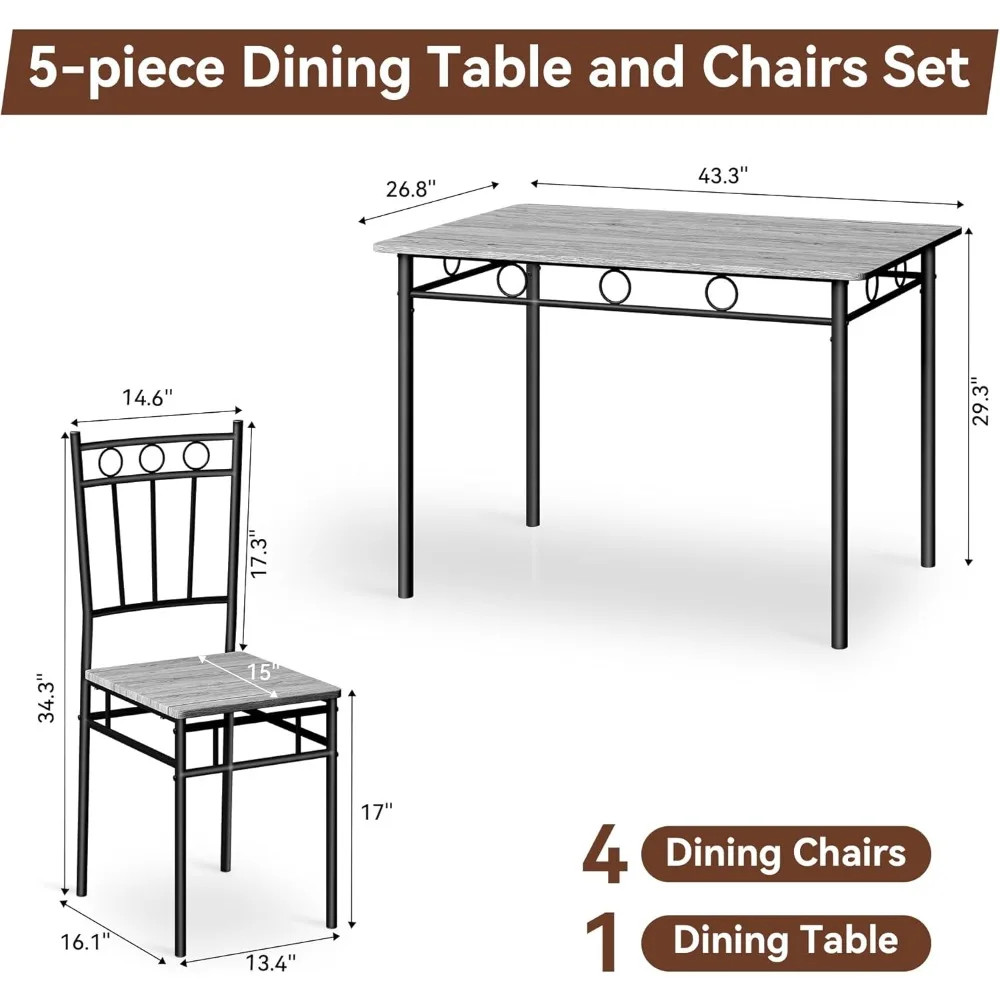5 Piece Rectangular Dining Table Set 4 People Kitchen Table Chairs Set