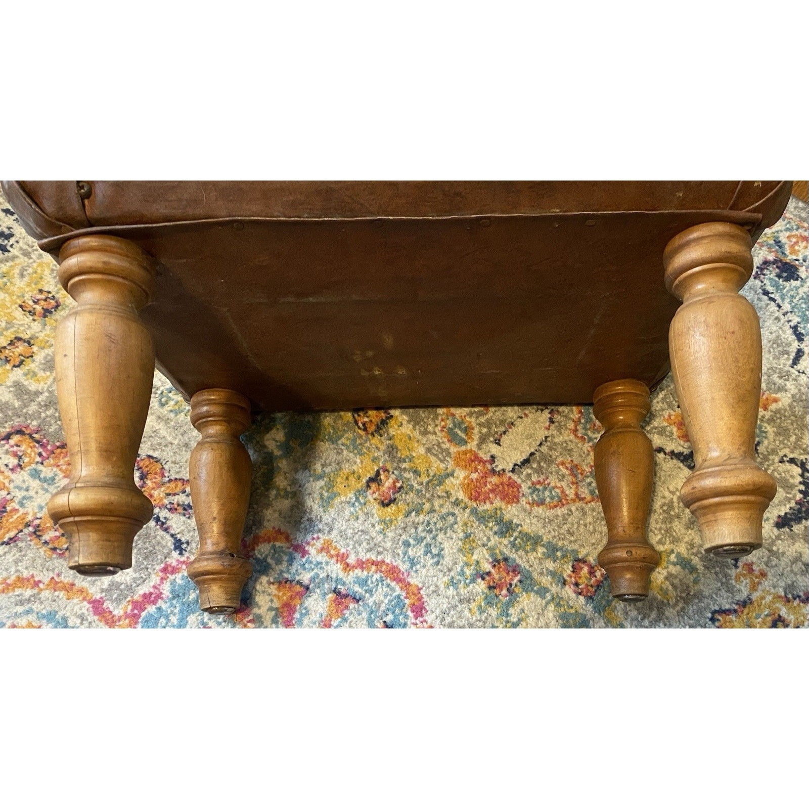 Vintage Maple Wood & Brown Vinyl Upholstered Footstool Carved Legs Dark Academia