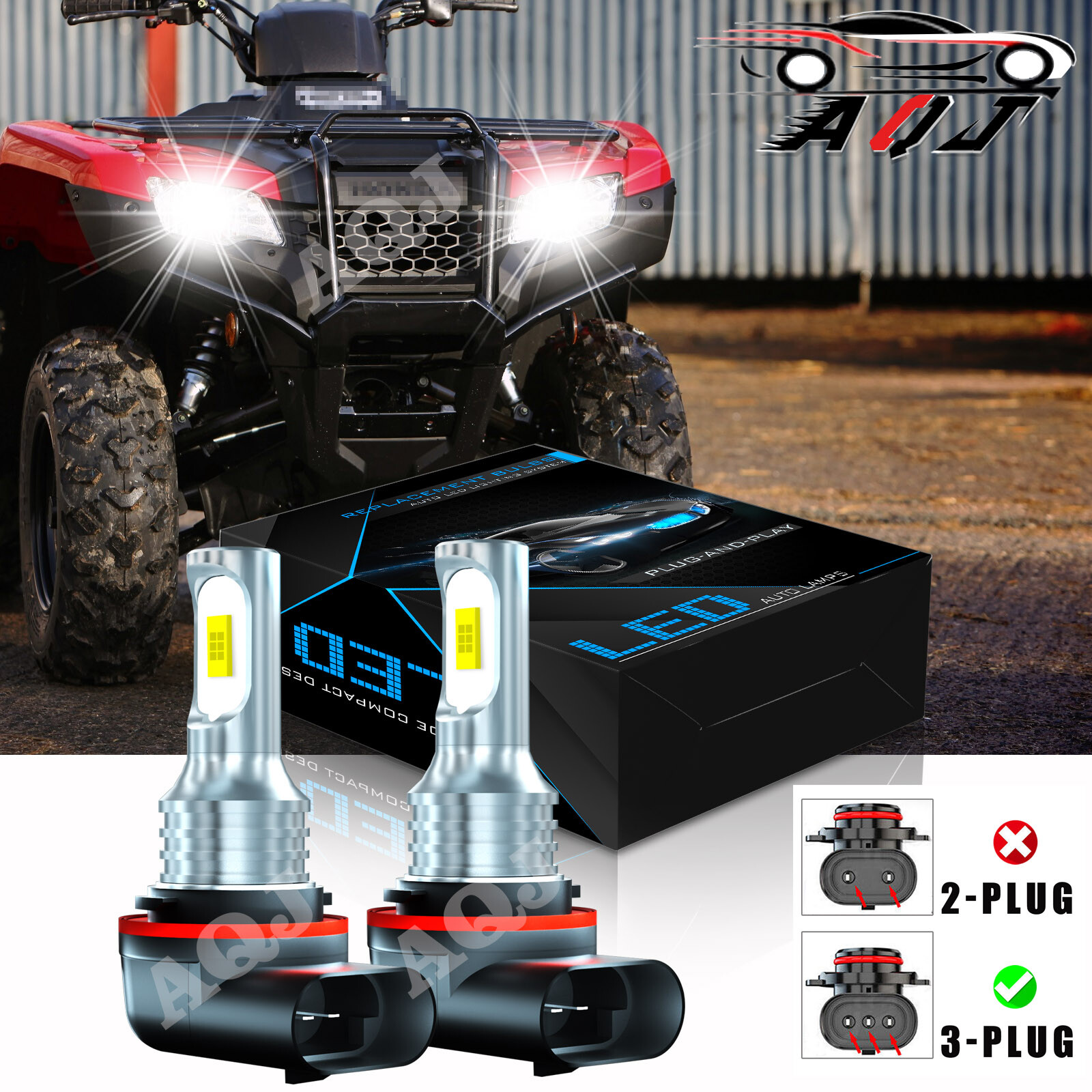 For 2006 Polaris Sawtooth 200 pair 3pins LED Headlight 6000K super Bright Bulb