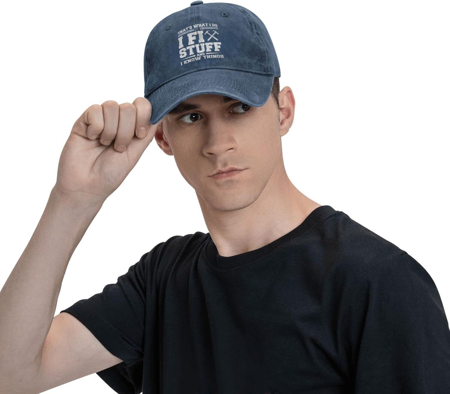 I Fix Stuff and I Know Things Hat for Men I One Size, Navy Blue