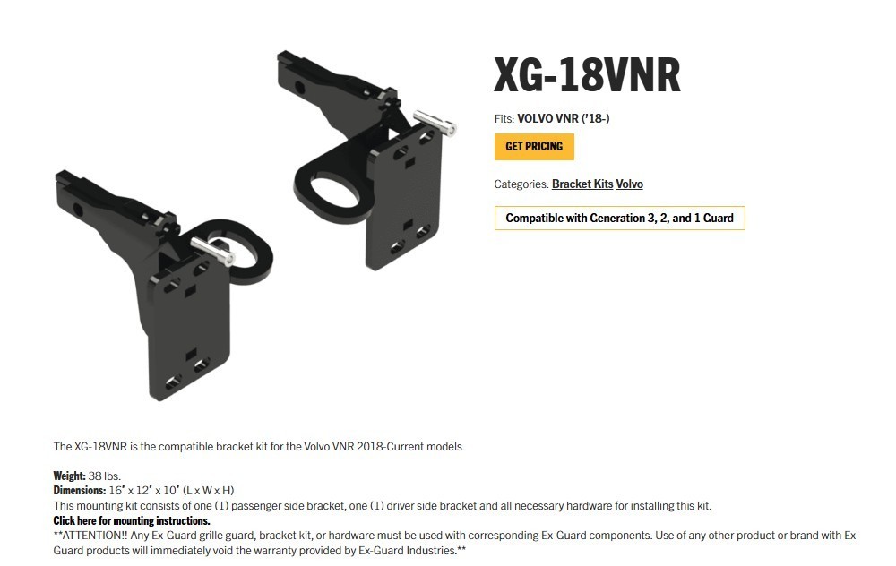 MOUNTING BRACKET DEER GUARD EX-GUARD XG-18VNR FOR VOLVO VNR 18-CURRENT BRAND NEW