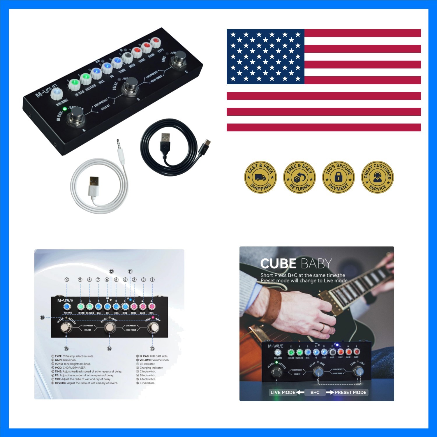 Multi Effects Guitar Pedal, Reverb Guitar Pedal, Delay, Chorus, Phaser, with ...