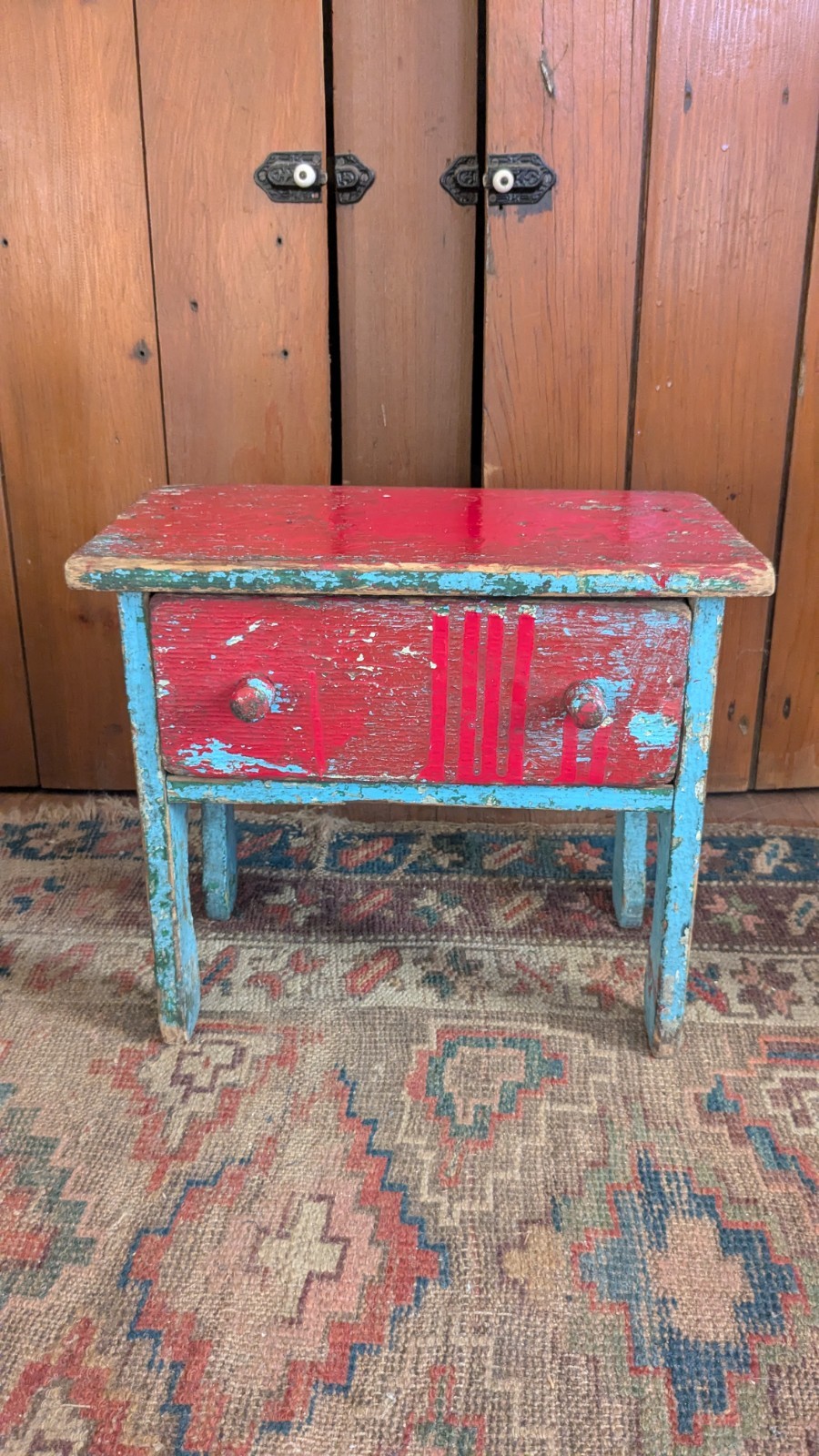 Antique Early Primitive Wood Stool Bench w/ Drawer Old Blue Paint 13"