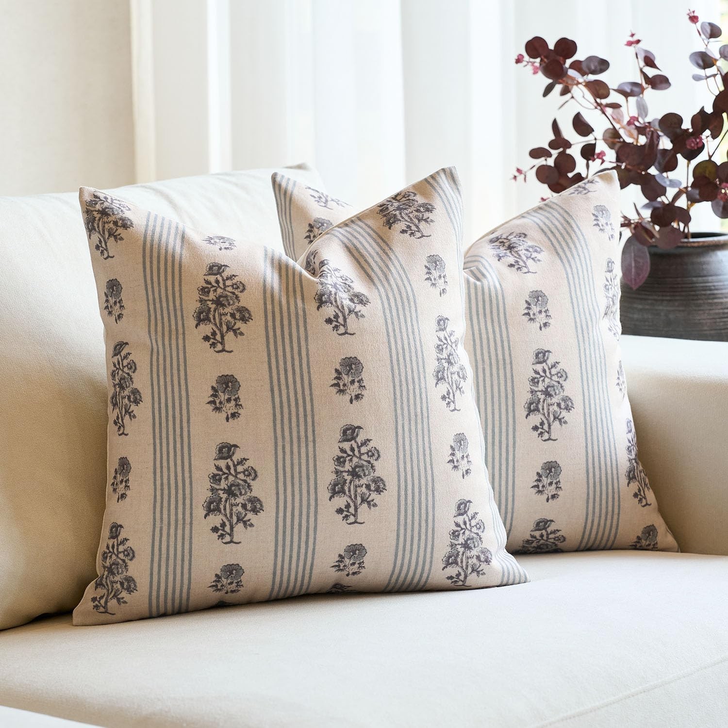 Floral Throw Pillow Covers 20x20 Set of 2 Block Print Pillow Covers Neutral F...