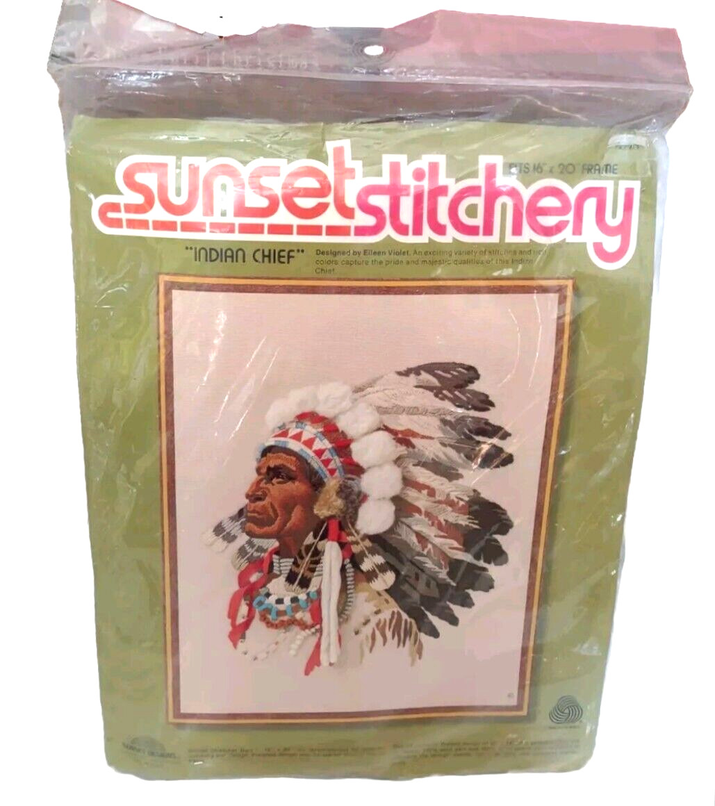Sunset Stitchery INDIAN CHIEF Crewel Kit Stamped NOS 20in x 16 in #2220 Sealed