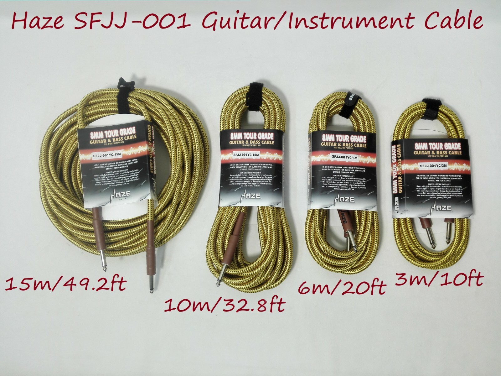 Haze Tour Grade Braided Tweed Guitar/Instrument Cable/Lead,3m,6m,10m,15m Golden