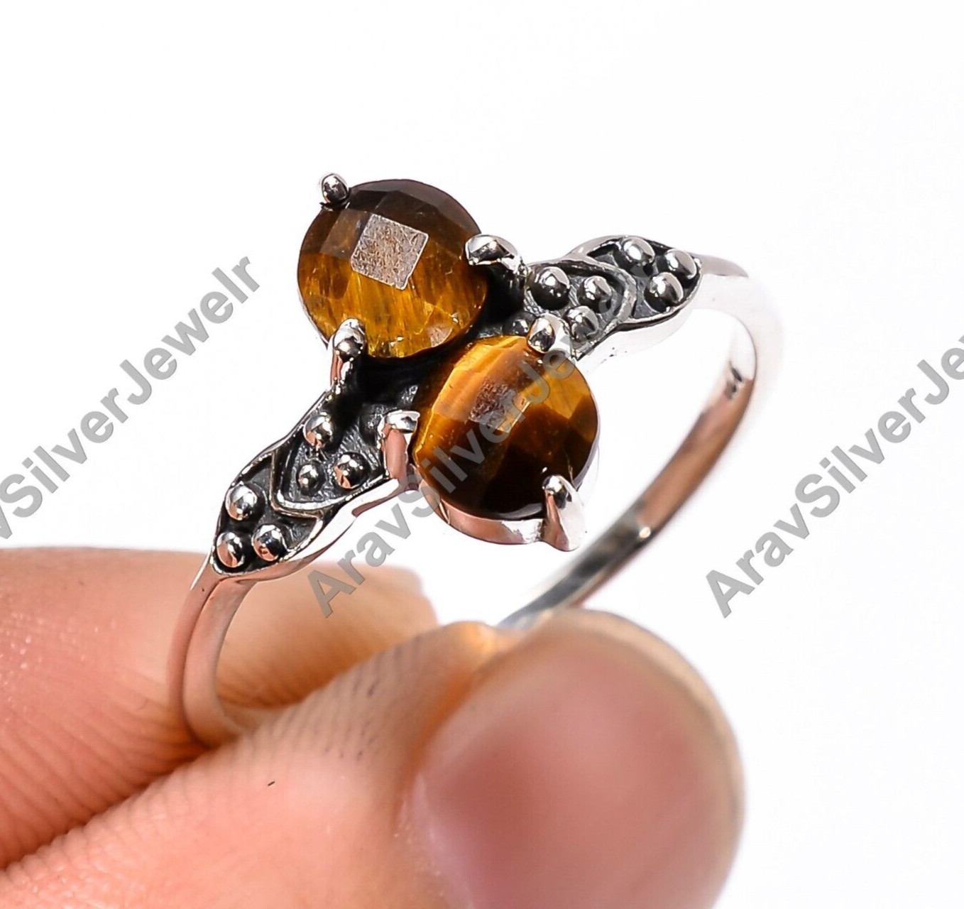 Natural Tiger Eye Gemstone Ring 925 Sterling Silver Boho Rings Gift for Her