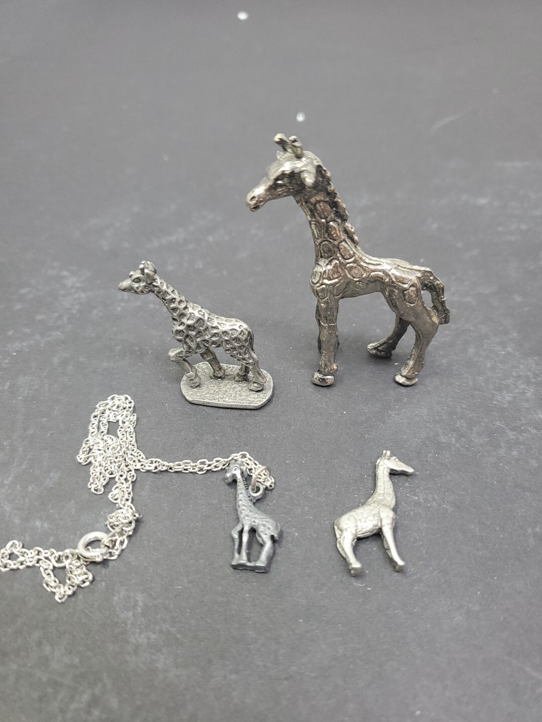 Lot Of 4 Miniature Giraffe Pewter/Metal Figurines And Necklace