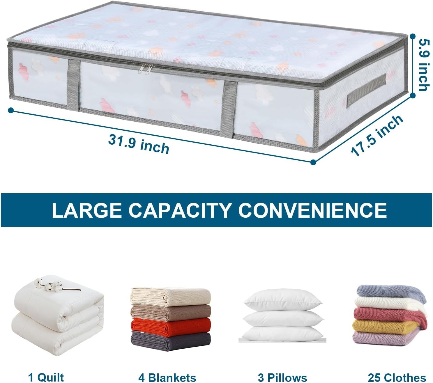 2 Pack Under Bed Storage Containers Bins Humid-Proof Plastic Storage 55L Clear