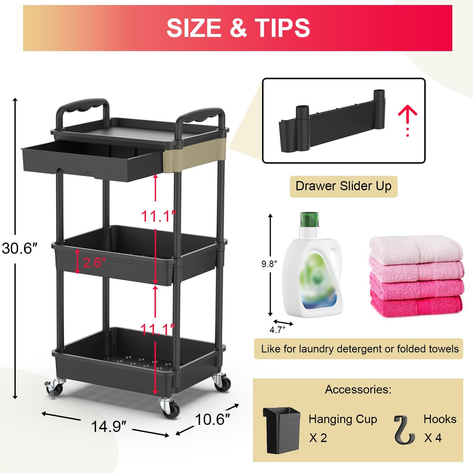 3 Tier Rolling Utility Cart Organizer with Removable Drawer Stable and Sturdy...
