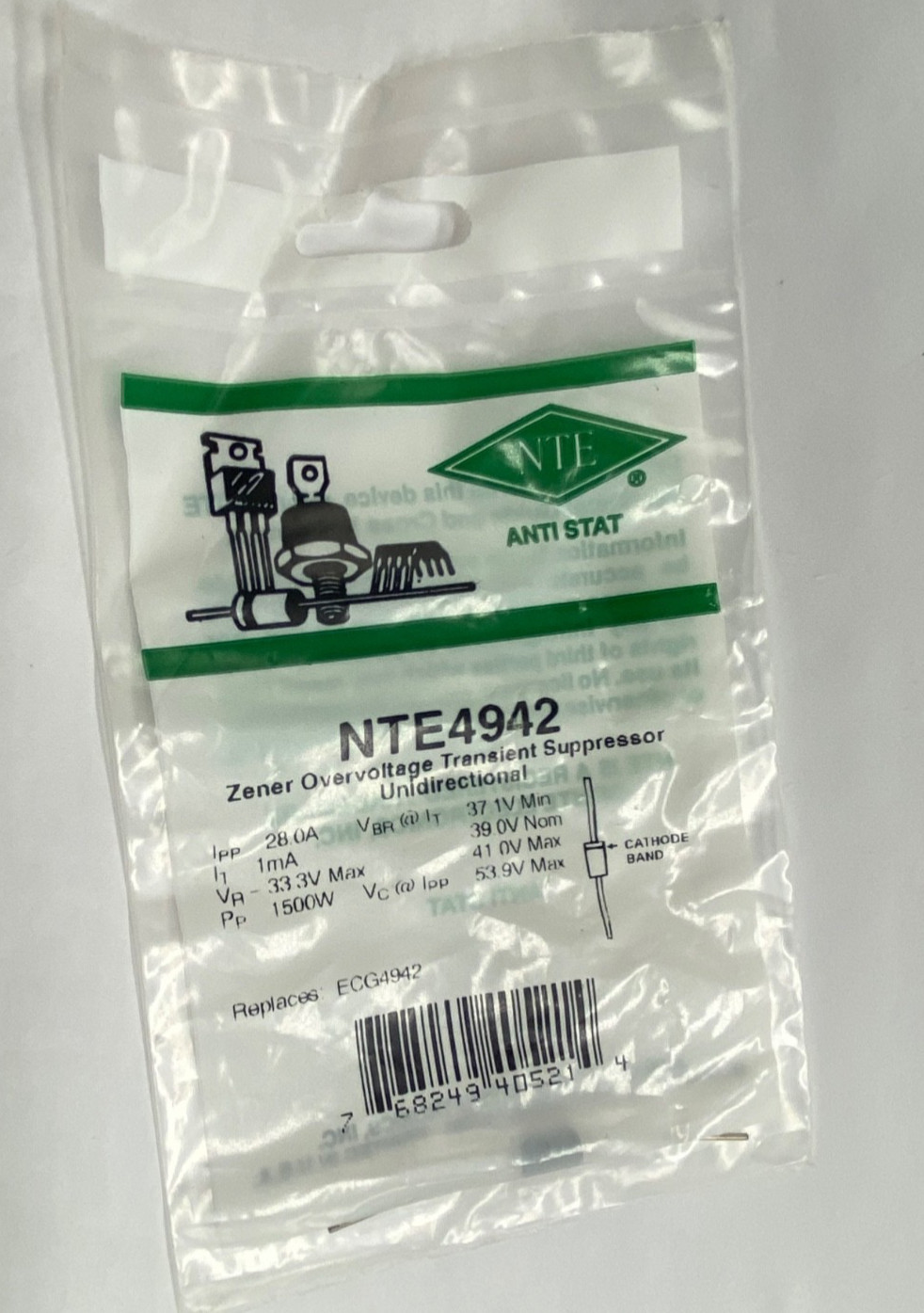 NTE4942 Zener Overvoltage Transient Suppressor nominal 39.0v breakdown