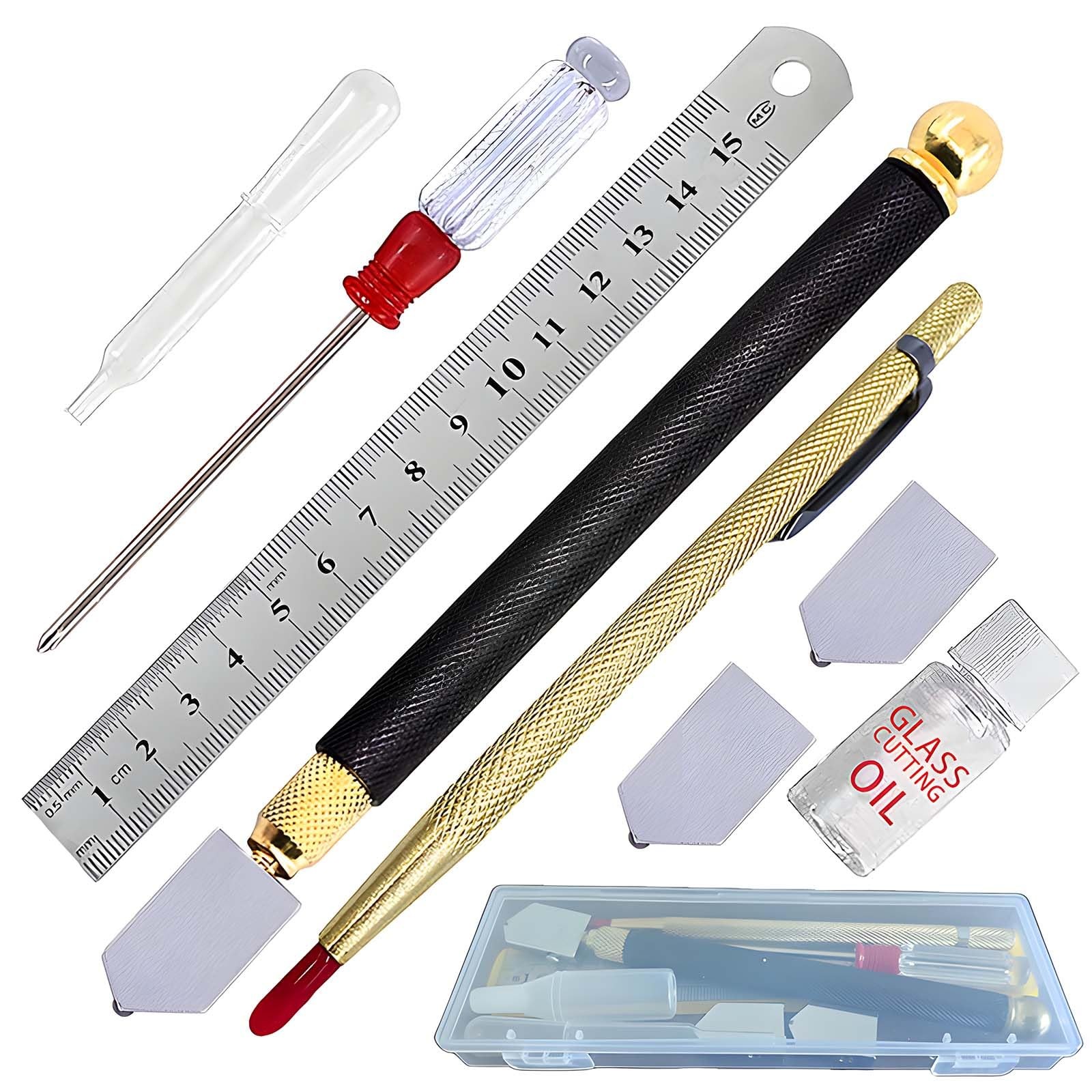 Glass Cutting Kit with Ruler, Oil Bottle, Scoring Tools and Case - 3-14mm for...