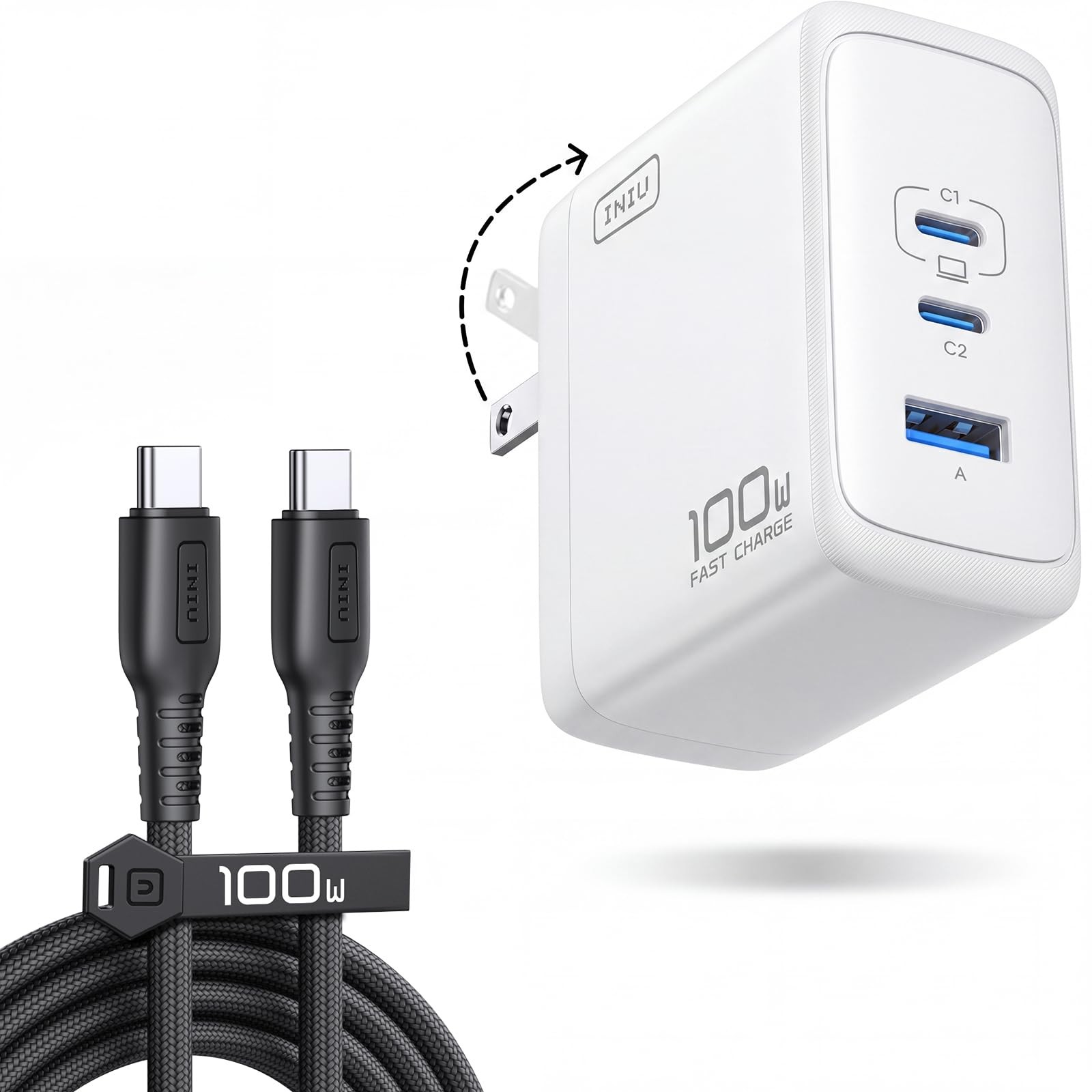 INIU 100W GaN USB C Charger, 3-Port Compact Fast Charging Block with White