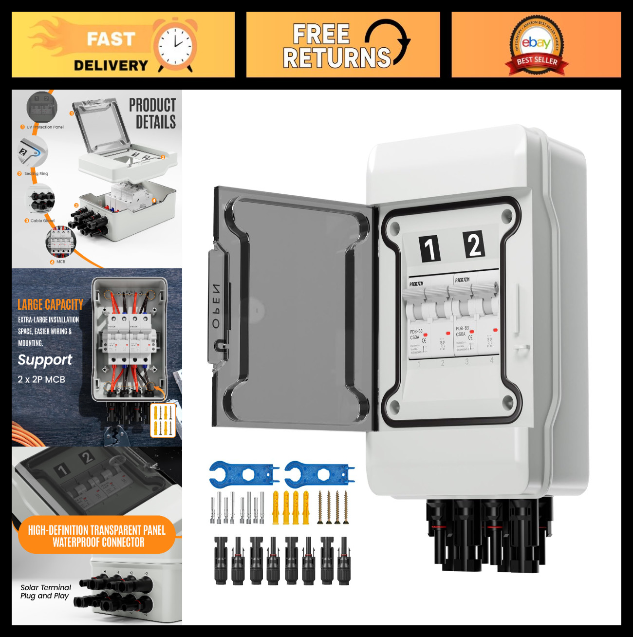 1000V DC Solar Panel Disconnect Switch & 60A Circuit Breaker Combiner Box, IP65