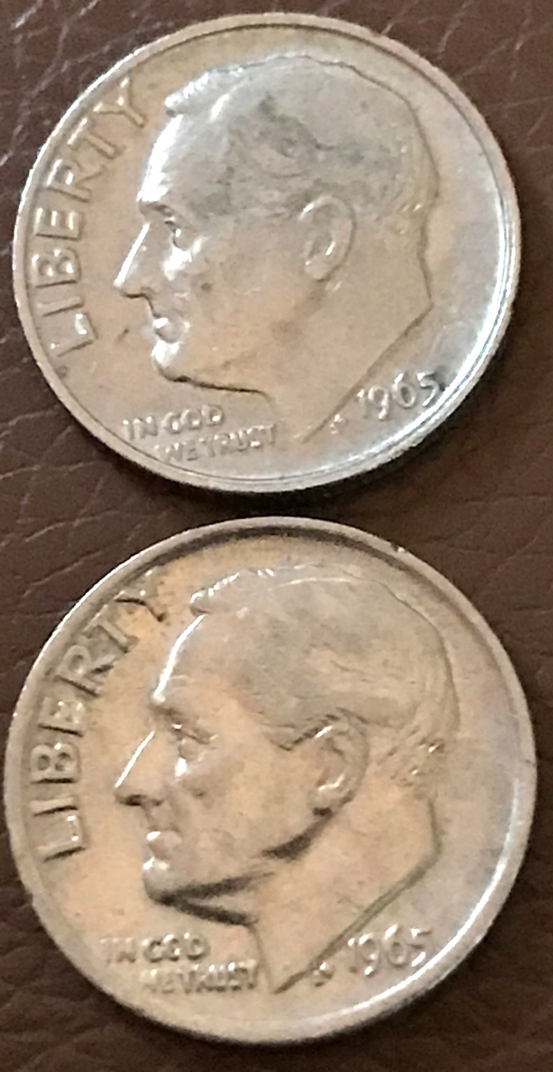 Two--1965 Roosevelt dimes no mint mark "Very Rare"