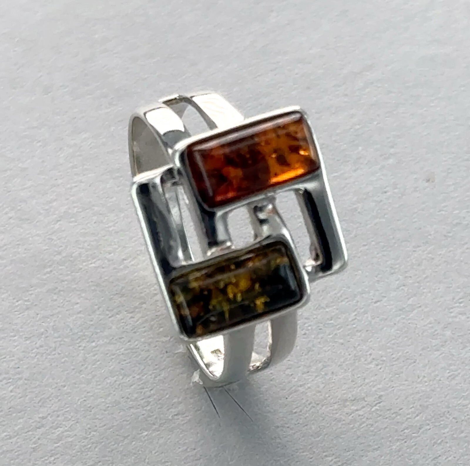 Twin Multi-Color Square Rectangle BALTIC AMBER Ring - 925 STERLING SILVER #36e