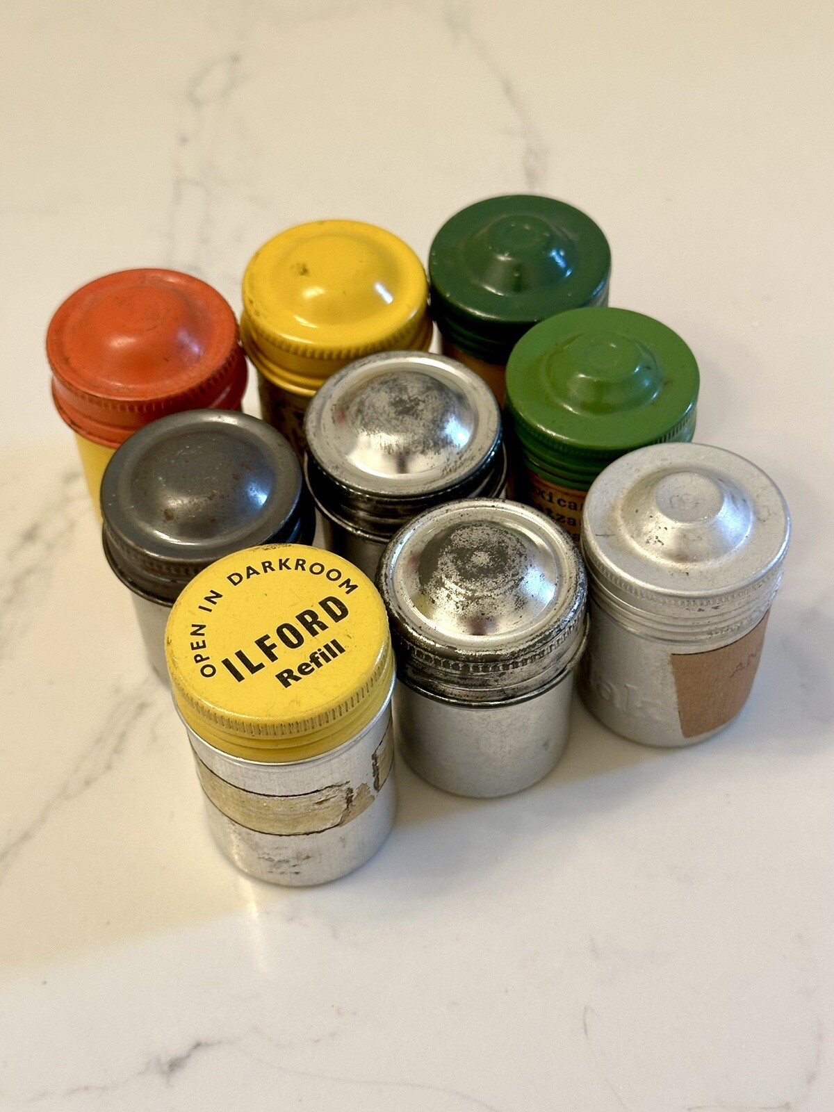 9 Vintage Kodak Colored Metal Film Tin Canisters