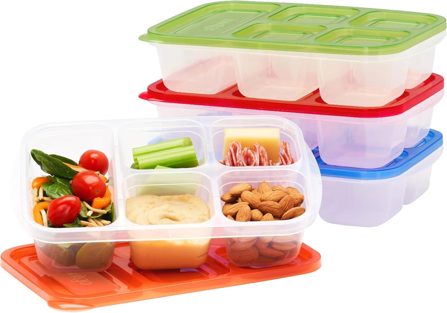 Reusable 5-Compartment Food Containers, Stackable 8-Piece Set, 4 Trays & 4 Lids
