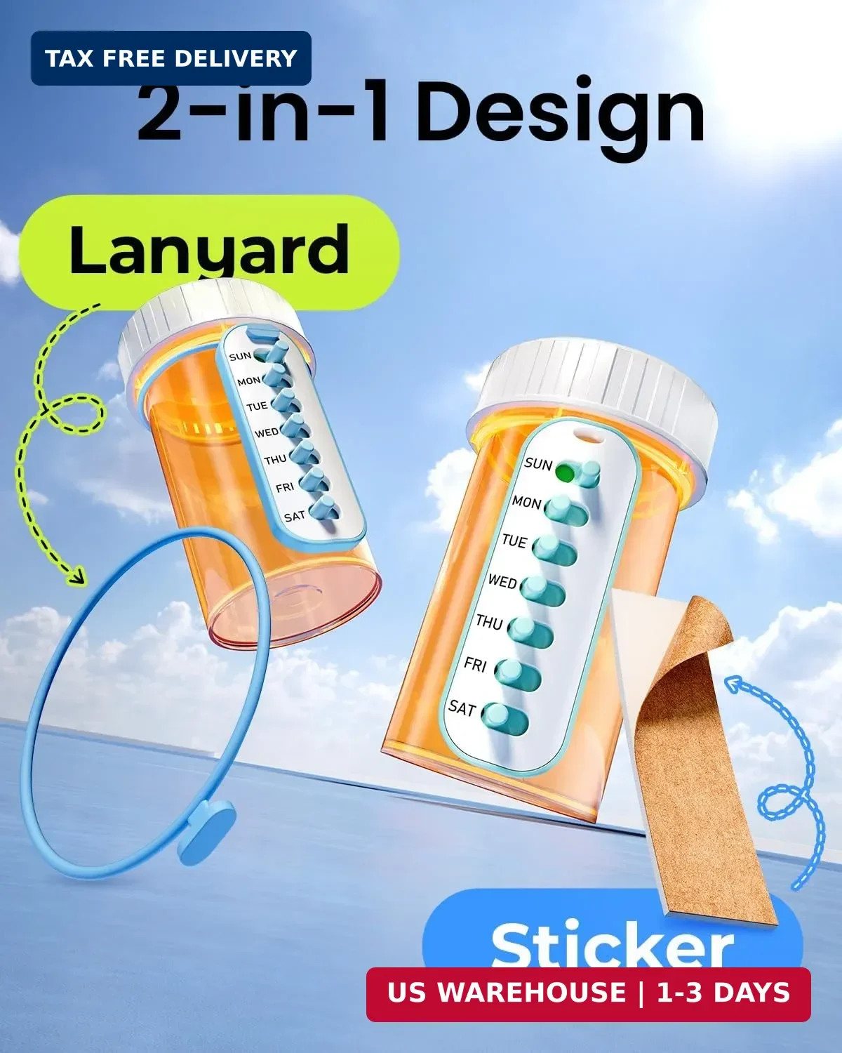 Odaro 2 Pack Pill Reminder, Lanyad or Sticker Pill Tracker, Work with Most Bottl