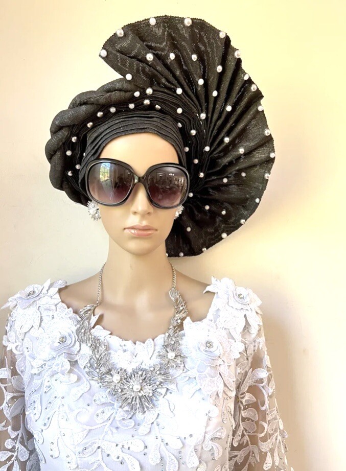 Black Aso Oke  Auto Gele, African Headgears, Auto Gele, Autogele