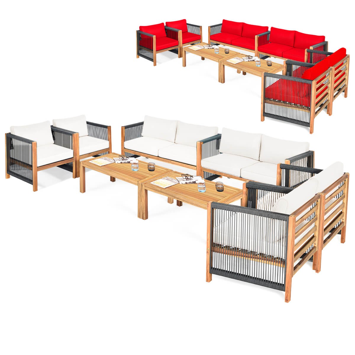 8 PCS Wood Outdoor Patio Furniture Set w/Cushions White Red Cushion Cover Sets