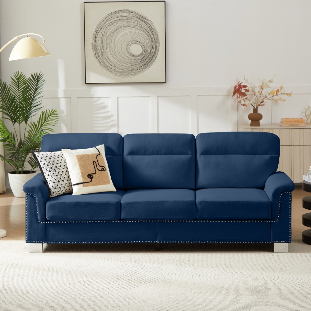 82" Blue Snowfleece Fabric 3-Seater Sofa w/ Rolled Arms for Living Room